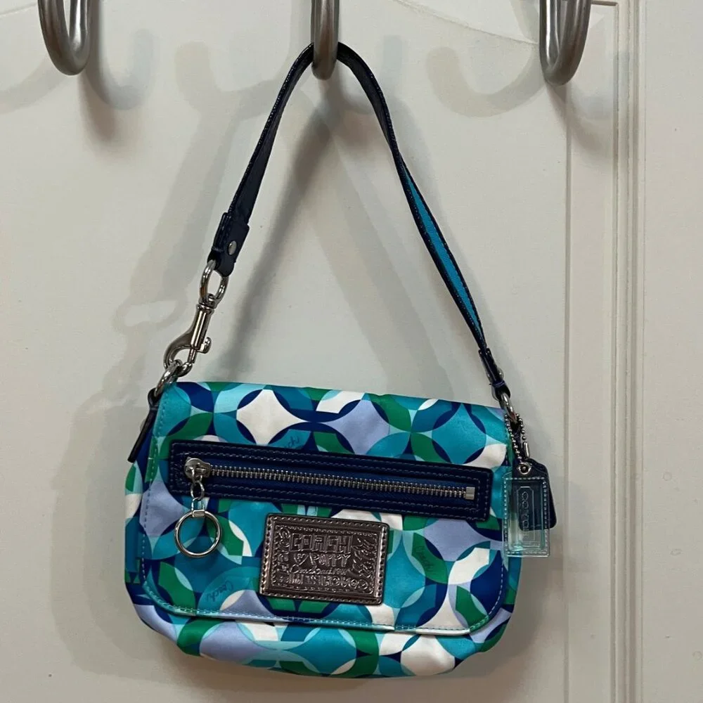 Coach Poppy Satin Shoulder Bag. Blue/White. - Picture 1 of 5